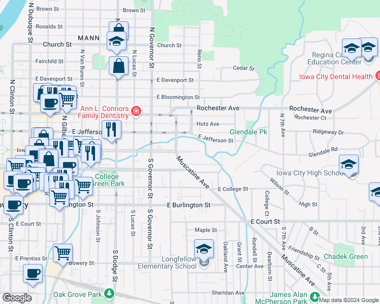 map of restaurants, bars, coffee shops, grocery stores, and more near Woodlawn Avenue in Iowa City