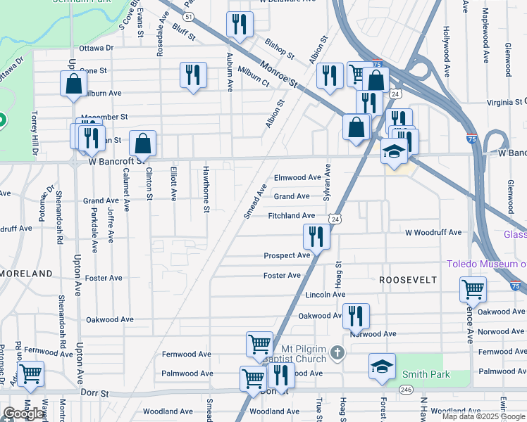 map of restaurants, bars, coffee shops, grocery stores, and more near 1398 Fitchland Avenue in Toledo