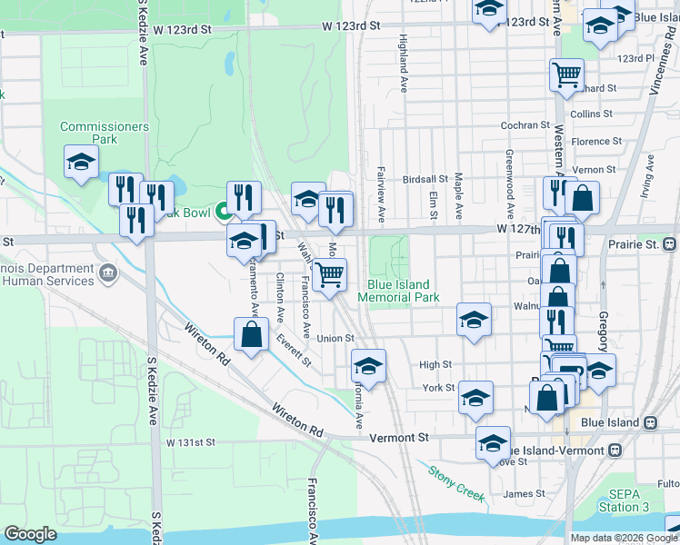 map of restaurants, bars, coffee shops, grocery stores, and more near 12749 Mozart Street in Blue Island