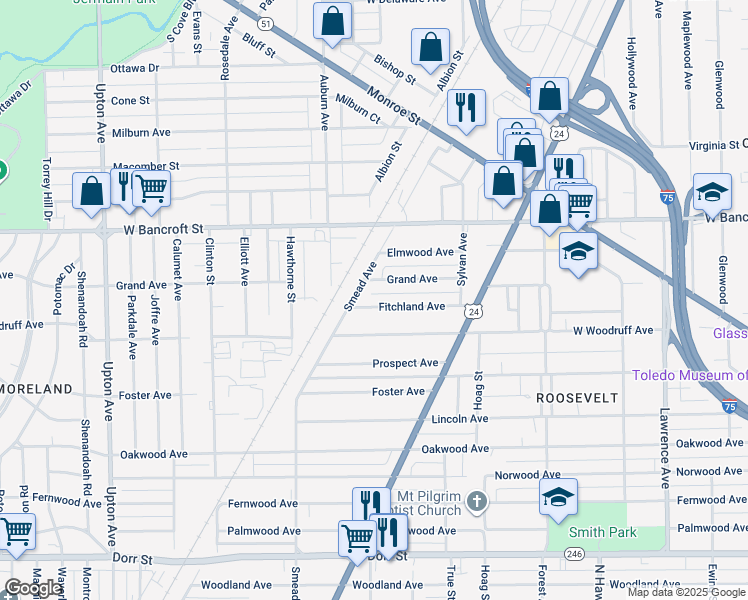map of restaurants, bars, coffee shops, grocery stores, and more near 1398 Fitchland Ave in Toledo