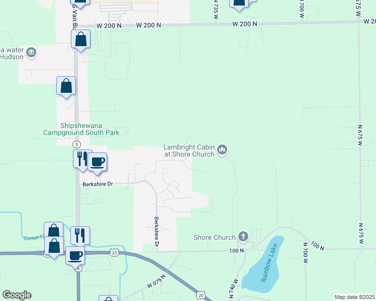 map of restaurants, bars, coffee shops, grocery stores, and more near 650 East Berkshire Drive in Shipshewana