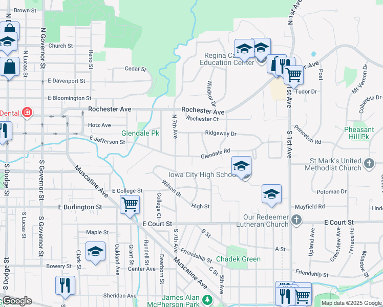 map of restaurants, bars, coffee shops, grocery stores, and more near 1804 Glendale Road in Iowa City