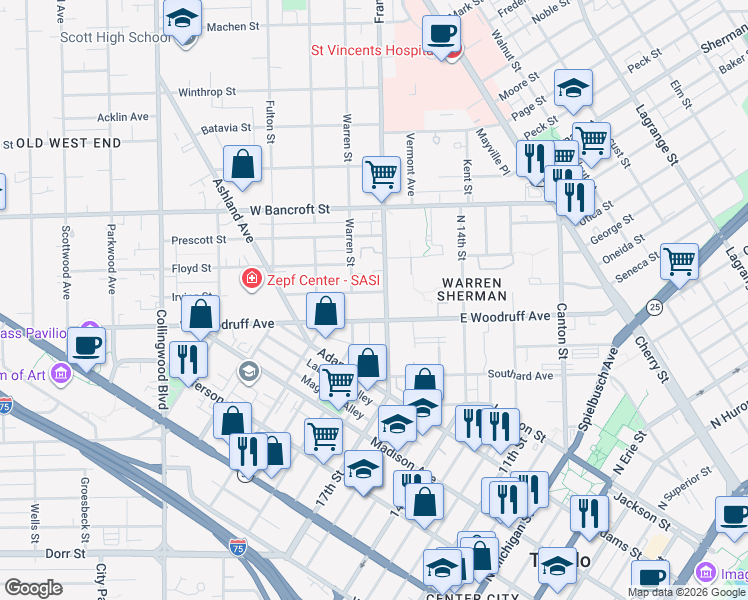 map of restaurants, bars, coffee shops, grocery stores, and more near 2011 Franklin Avenue in Toledo