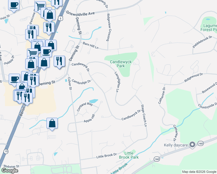 map of restaurants, bars, coffee shops, grocery stores, and more near 24 Franklin Circle in Newington