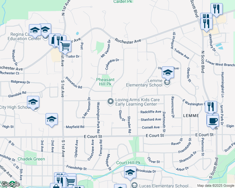 map of restaurants, bars, coffee shops, grocery stores, and more near 2700 East Washington Street in Iowa City