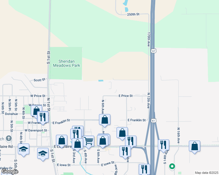 map of restaurants, bars, coffee shops, grocery stores, and more near 650 East Price Street in Eldridge