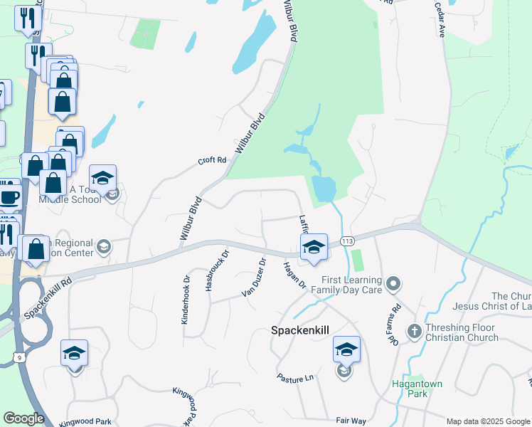 map of restaurants, bars, coffee shops, grocery stores, and more near 1 Bayberry Lane in Poughkeepsie