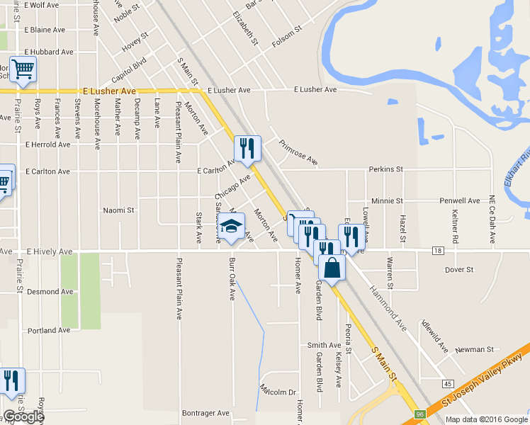 map of restaurants, bars, coffee shops, grocery stores, and more near 2622 Morton Ave in Elkhart