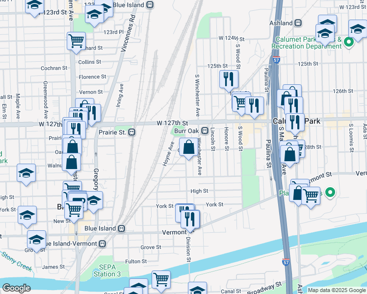 map of restaurants, bars, coffee shops, grocery stores, and more near 2000 Oak Street in Blue Island