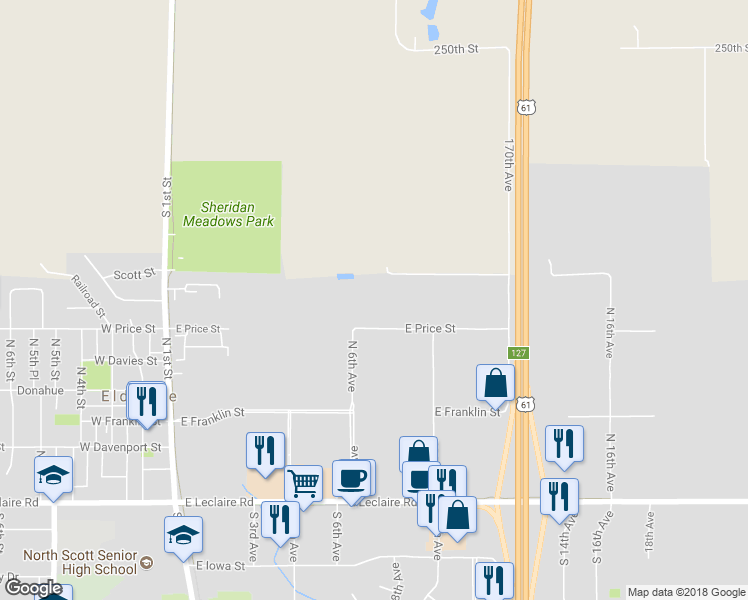 map of restaurants, bars, coffee shops, grocery stores, and more near 650 East Price Street in Eldridge