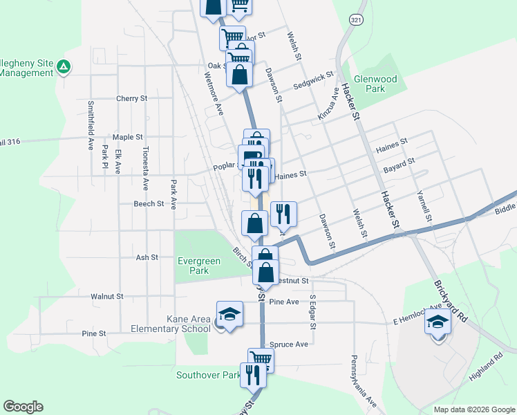 map of restaurants, bars, coffee shops, grocery stores, and more near 101 North Fraley Street in Kane