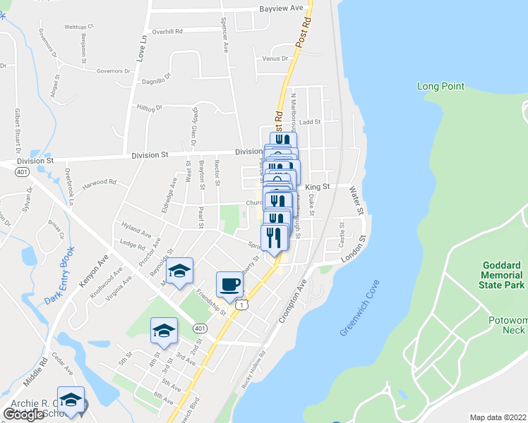 map of restaurants, bars, coffee shops, grocery stores, and more near Peirce St & Armory St in East Greenwich