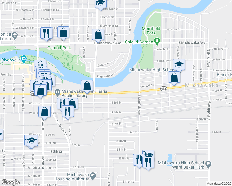 map of restaurants, bars, coffee shops, grocery stores, and more near 722 Lincolnway East in Mishawaka