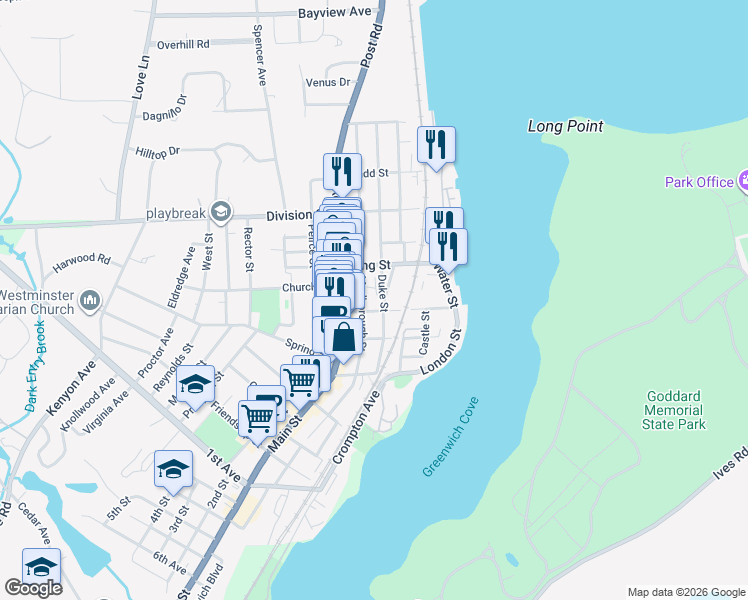 map of restaurants, bars, coffee shops, grocery stores, and more near 38 Queen Street in East Greenwich