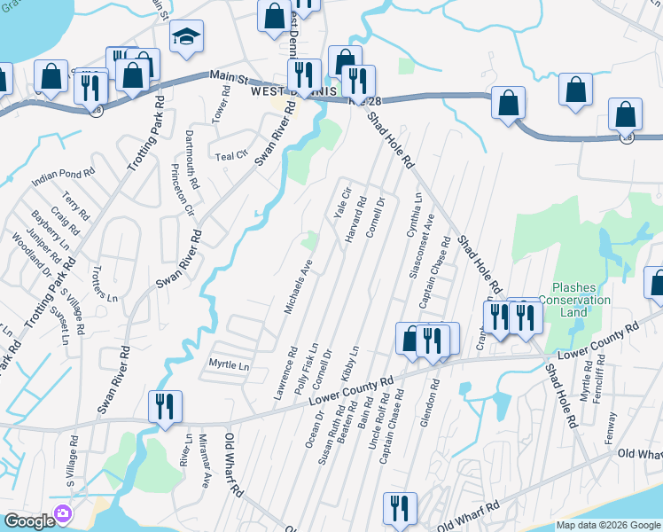 map of restaurants, bars, coffee shops, grocery stores, and more near 91 Polly Fisk Lane in Dennis