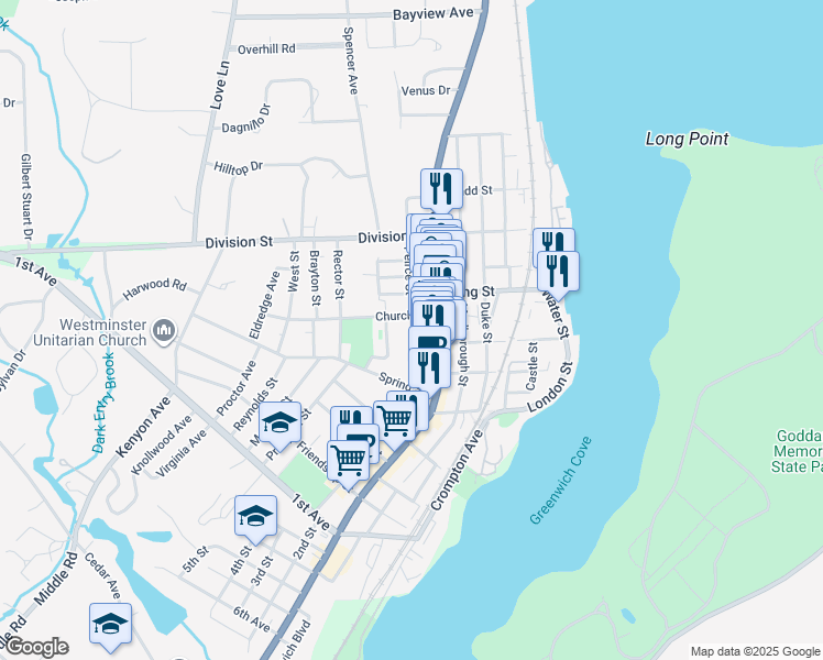 map of restaurants, bars, coffee shops, grocery stores, and more near 1799 Armory Street in East Greenwich