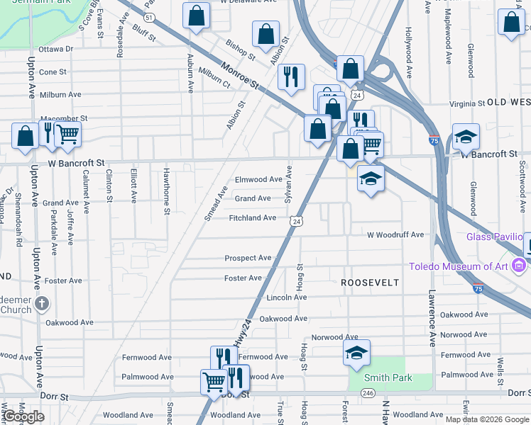 map of restaurants, bars, coffee shops, grocery stores, and more near 1314 Fitchland Avenue in Toledo