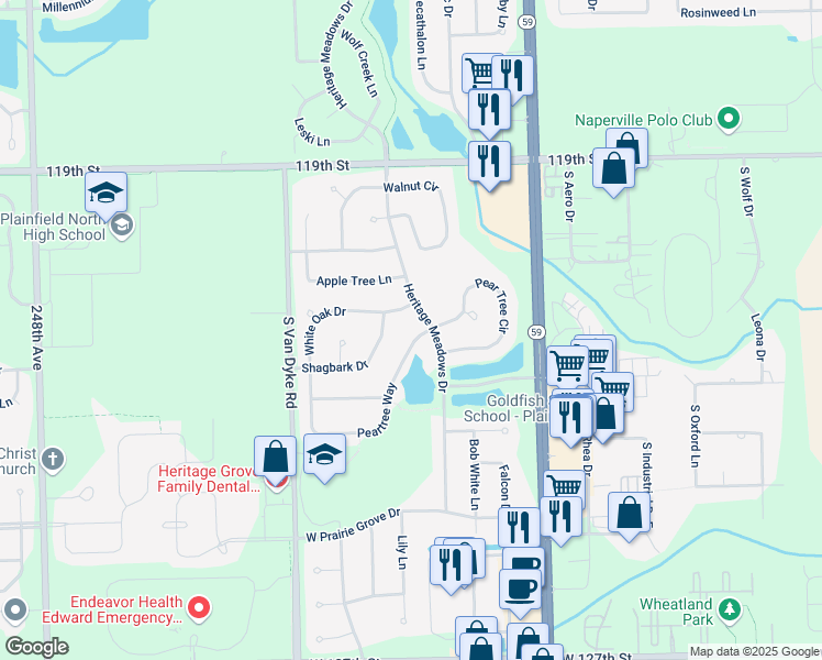 map of restaurants, bars, coffee shops, grocery stores, and more near 12156 Peartree Way in Plainfield