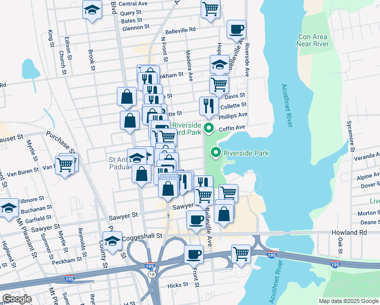 map of restaurants, bars, coffee shops, grocery stores, and more near 364 North Front Street in New Bedford