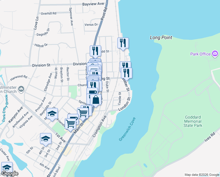 map of restaurants, bars, coffee shops, grocery stores, and more near 38 Queen Street in East Greenwich