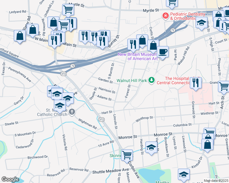 map of restaurants, bars, coffee shops, grocery stores, and more near 154 Lincoln Street in New Britain