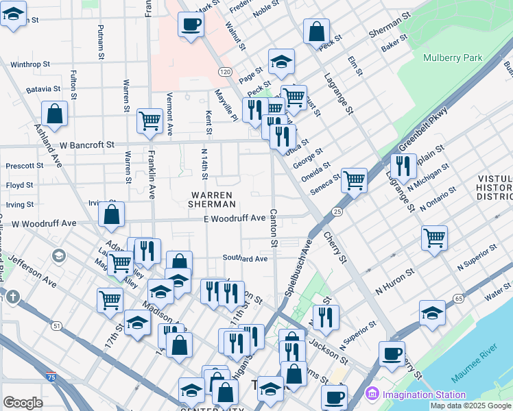 map of restaurants, bars, coffee shops, grocery stores, and more near 2002 North 12th Street in Toledo