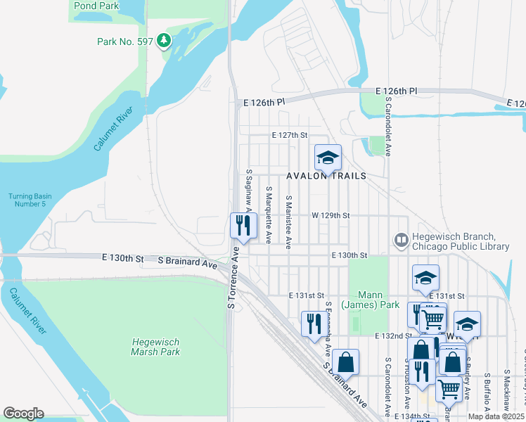 map of restaurants, bars, coffee shops, grocery stores, and more near 12901 South Marquette Avenue in Chicago