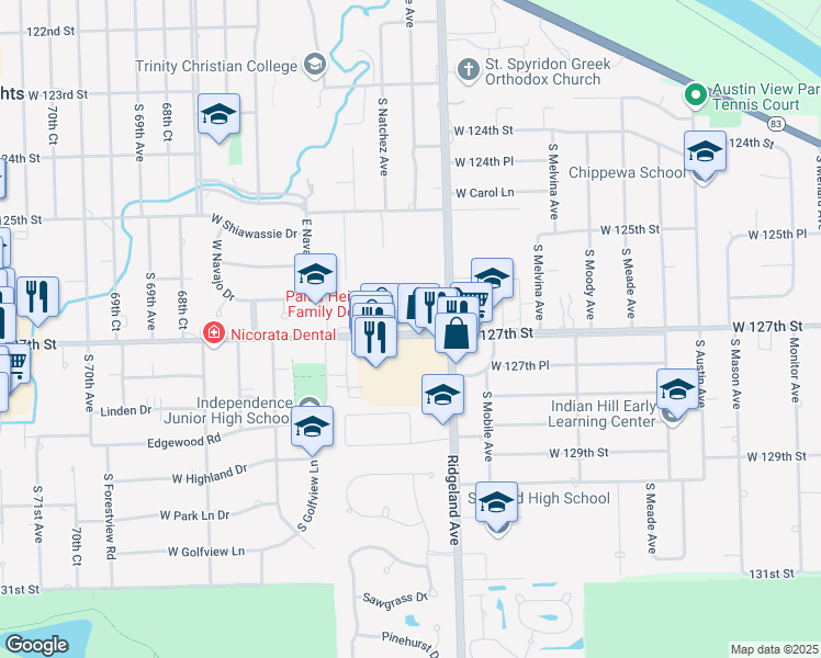 map of restaurants, bars, coffee shops, grocery stores, and more near 6429 West 127th Street in Palos Heights
