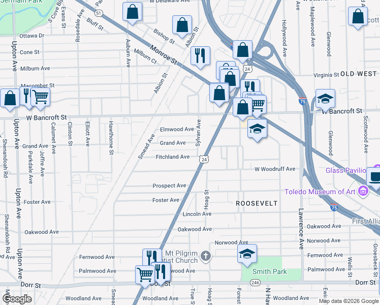 map of restaurants, bars, coffee shops, grocery stores, and more near 1314 Fitchland Ave in Toledo
