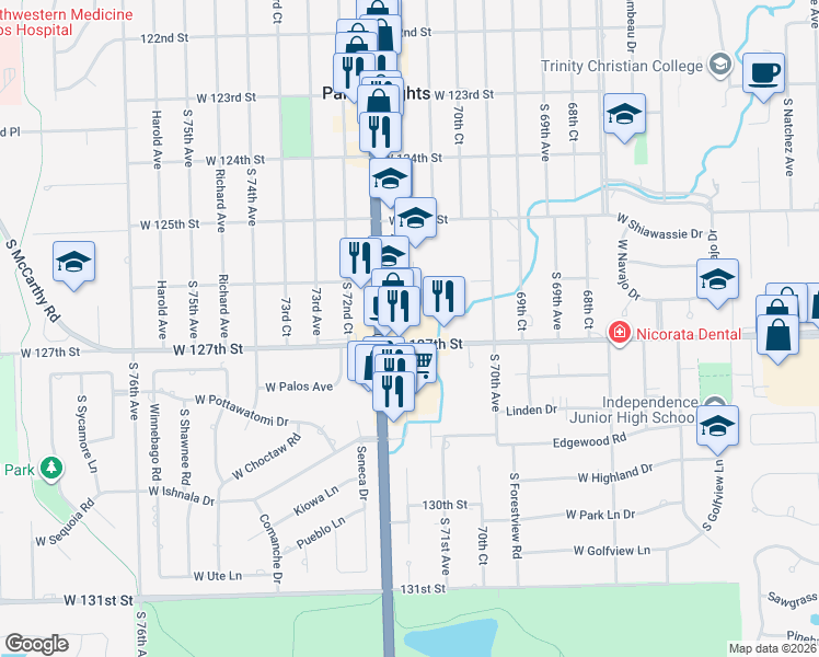 map of restaurants, bars, coffee shops, grocery stores, and more near 7132 West 127th Street in Palos Heights