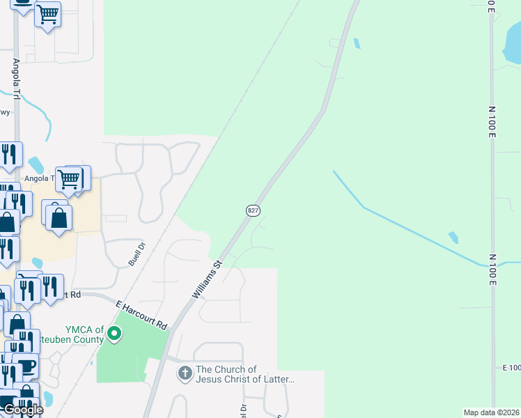 map of restaurants, bars, coffee shops, grocery stores, and more near 1437 Indiana 827 in Angola
