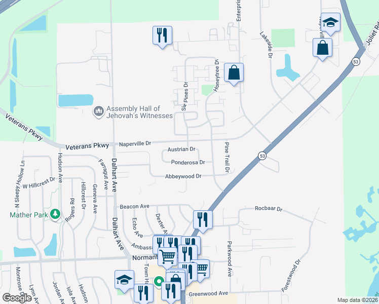 map of restaurants, bars, coffee shops, grocery stores, and more near 35 Austrian Drive in Romeoville