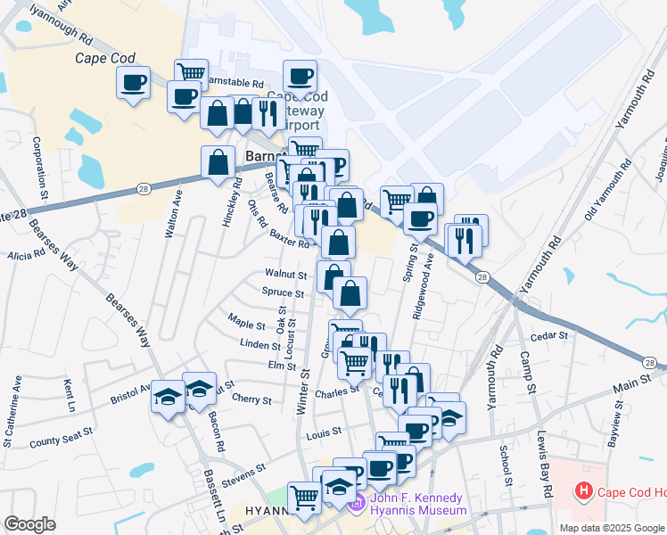 map of restaurants, bars, coffee shops, grocery stores, and more near 291 Barnstable Road in Barnstable
