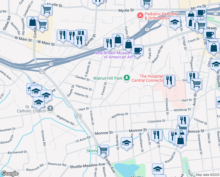 map of restaurants, bars, coffee shops, grocery stores, and more near 169 Vine Street in New Britain