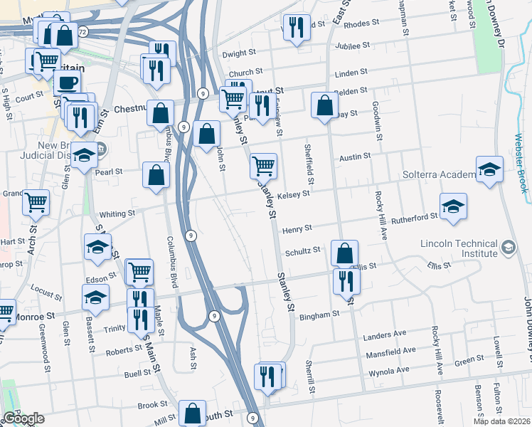 map of restaurants, bars, coffee shops, grocery stores, and more near 470 Stanley Street in New Britain