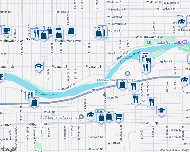 map of restaurants, bars, coffee shops, grocery stores, and more near 3518 Northside Boulevard in South Bend