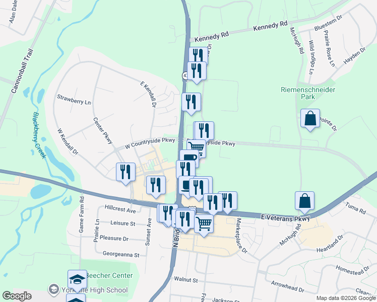 map of restaurants, bars, coffee shops, grocery stores, and more near 120 East Countryside Parkway in Yorkville