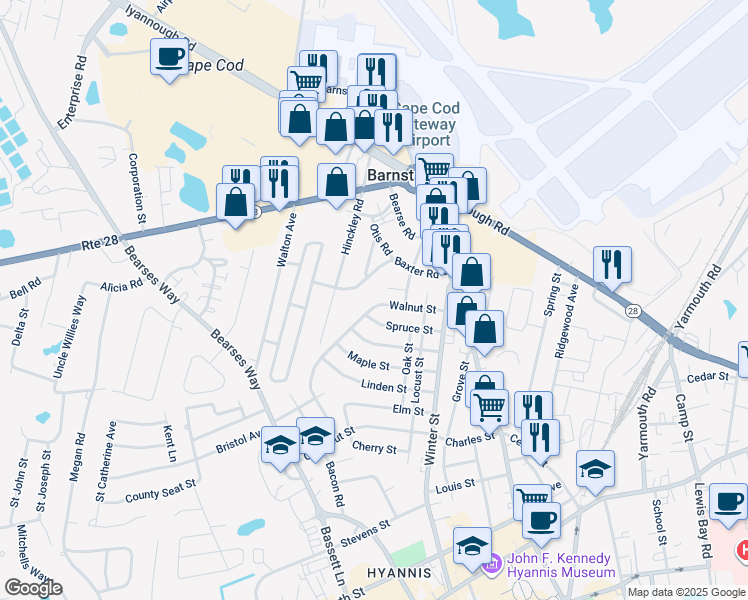 map of restaurants, bars, coffee shops, grocery stores, and more near 59 Walnut Street in Barnstable