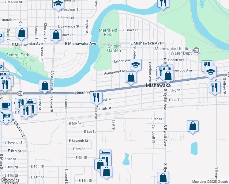 map of restaurants, bars, coffee shops, grocery stores, and more near 1016 East 3rd Street in Mishawaka