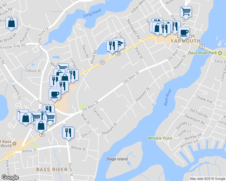 map of restaurants, bars, coffee shops, grocery stores, and more near 155 Old Main Street in Yarmouth