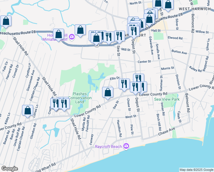 map of restaurants, bars, coffee shops, grocery stores, and more near 47 Ellis Drive in Dennis