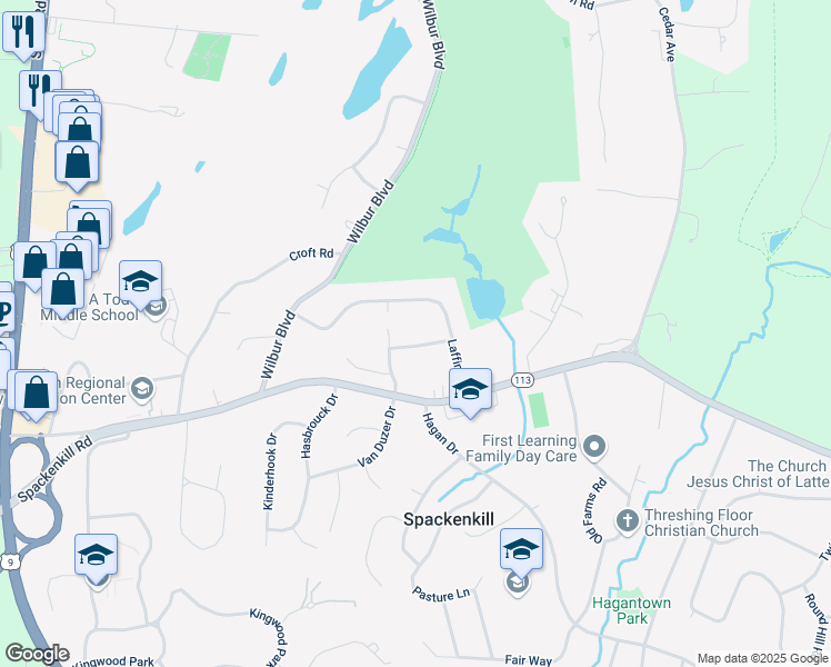 map of restaurants, bars, coffee shops, grocery stores, and more near 1 Bayberry Lane in Poughkeepsie