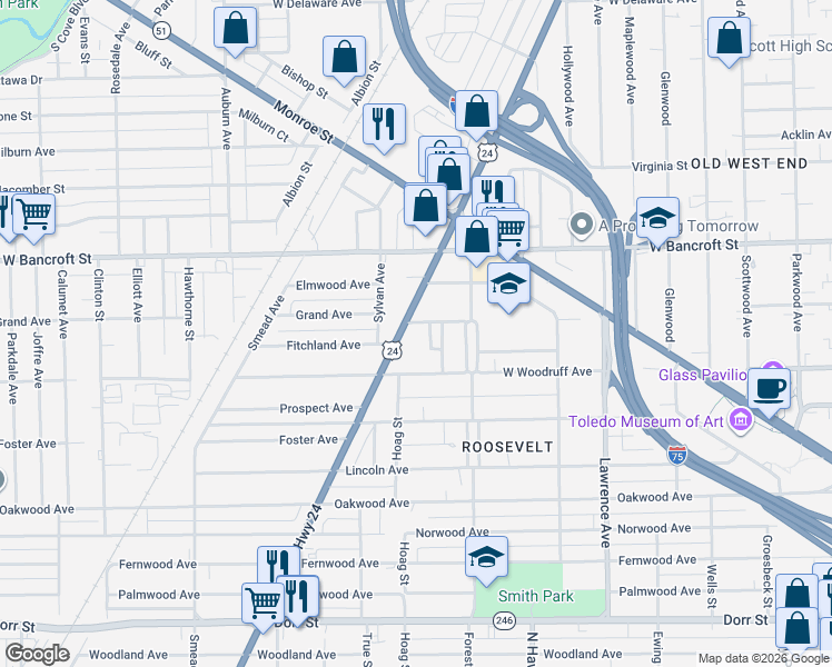 map of restaurants, bars, coffee shops, grocery stores, and more near 1157 Grand Avenue in Toledo