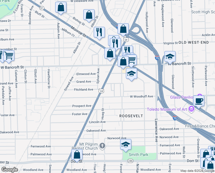 map of restaurants, bars, coffee shops, grocery stores, and more near 1157 Grand Avenue in Toledo