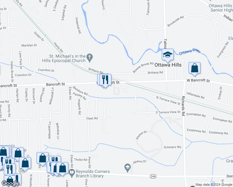 map of restaurants, bars, coffee shops, grocery stores, and more near 4800 West Bancroft Street in Toledo