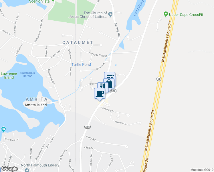 map of restaurants, bars, coffee shops, grocery stores, and more near 1334 County Road in Bourne