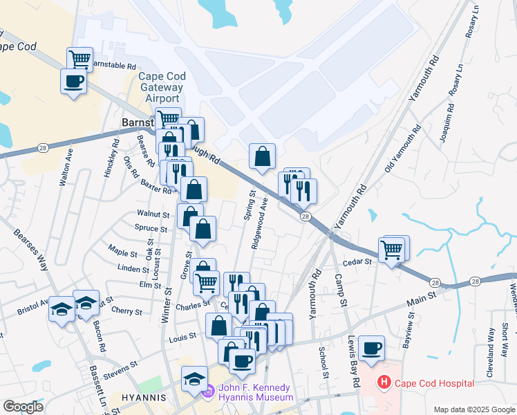 map of restaurants, bars, coffee shops, grocery stores, and more near 177 Ridgewood Avenue in Barnstable