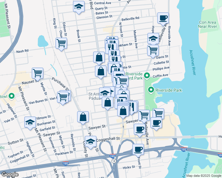 map of restaurants, bars, coffee shops, grocery stores, and more near 138 Deane Street in New Bedford