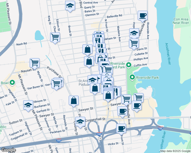 map of restaurants, bars, coffee shops, grocery stores, and more near 138 Deane Street in New Bedford
