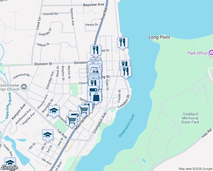 map of restaurants, bars, coffee shops, grocery stores, and more near 38 Queen Street in East Greenwich